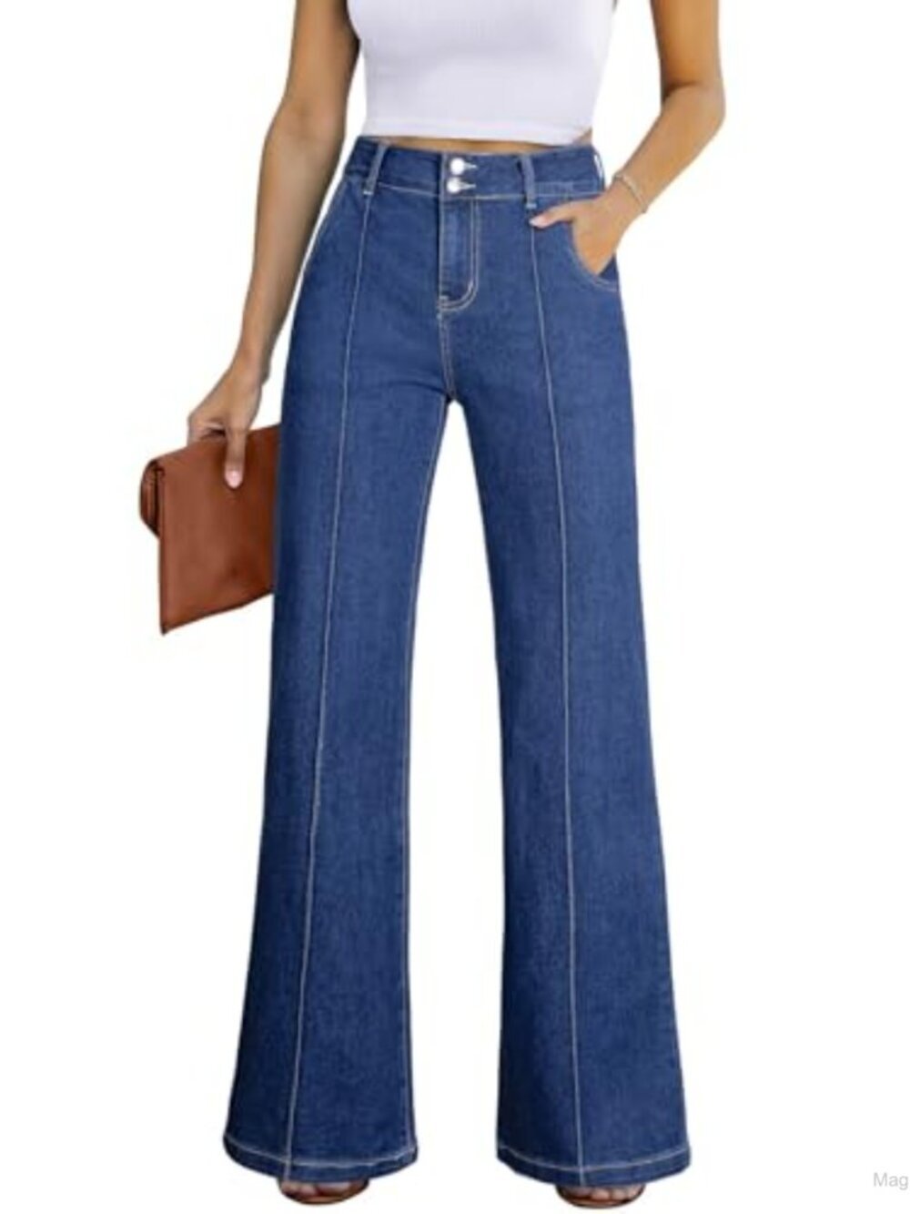 High Waisted Wide Leg Stretch Denim Jeans with Pinched Seams